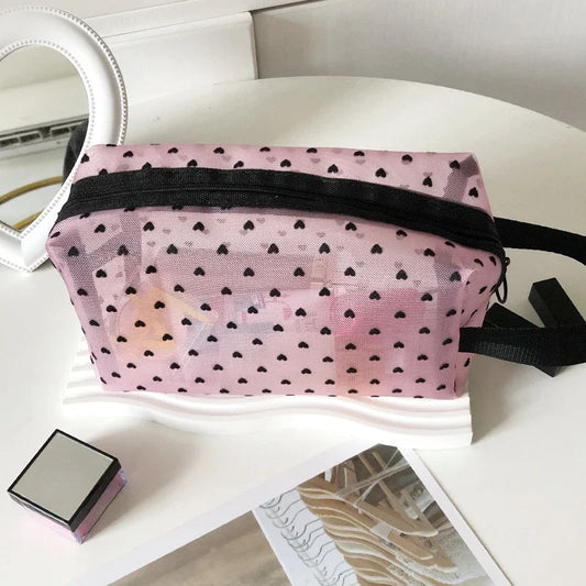 Heart-Shaped Nylon Mesh Cosmetic Bag Portable Toiletry Organizer for Women Makeup Storage