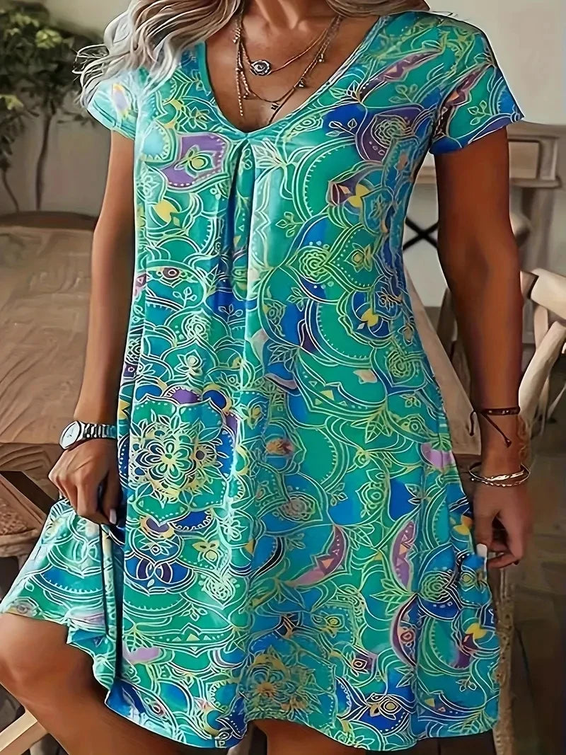 Vestido peplum de talla grande: elegante vestido casual de manga corta con cuello en V, ligeramente elástico y estampado aleatorio: perfecto para primavera 