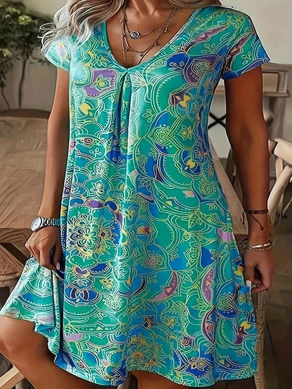 Vestido peplum de talla grande: elegante vestido casual de manga corta con cuello en V, ligeramente elástico y estampado aleatorio: perfecto para primavera 