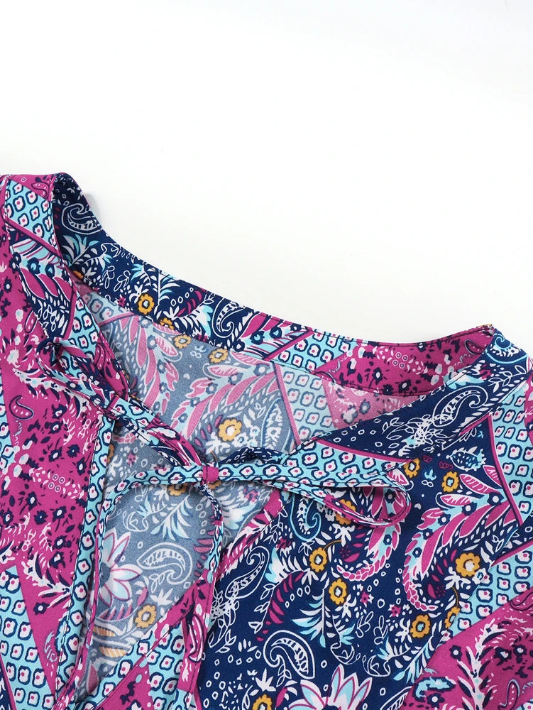 Plus size 2025 novo feminino com decote em v roxo casual impresso vestido longo casual solto poliéster manga longa pulôver