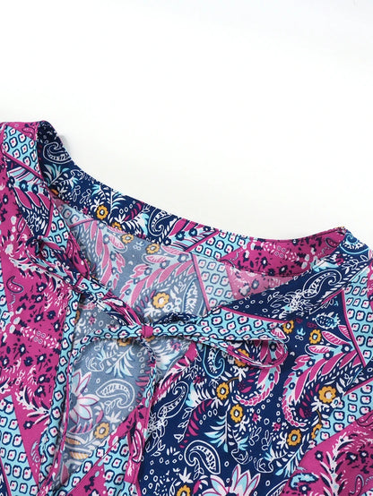 Plus size 2025 novo feminino com decote em v roxo casual impresso vestido longo casual solto poliéster manga longa pulôver