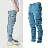Street men's denim work pants washed solid color multi pocket casual mid waist pants slim fit daily wear jogging pants