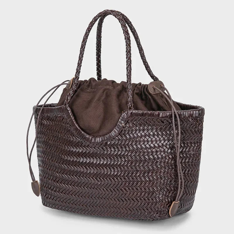 French Leather Woven Bag Fashion Simple Basket Bag Retro Advanced Handmade Bag New Versatile Commuting Women's Shoulder Handbag