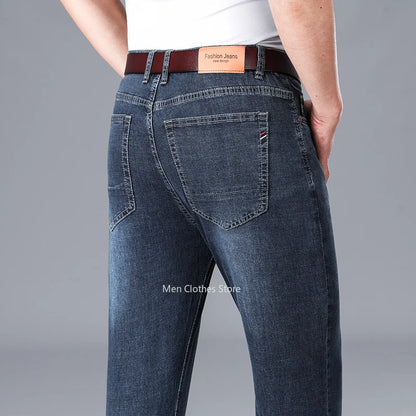 2024 Brand Thin or Thick Material Men's Elastic Cotton Jeans Fashion Gray Comfortable Denim Business Casual High Waist Pants
