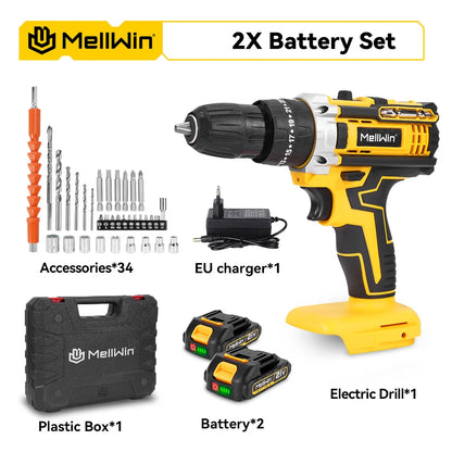 MELLWIN 25+3 Torque Electric Impact Drill 2 Gear Speed Adjustable Cordless Electric Screwdriver Power Tool For 21V-18V Battery