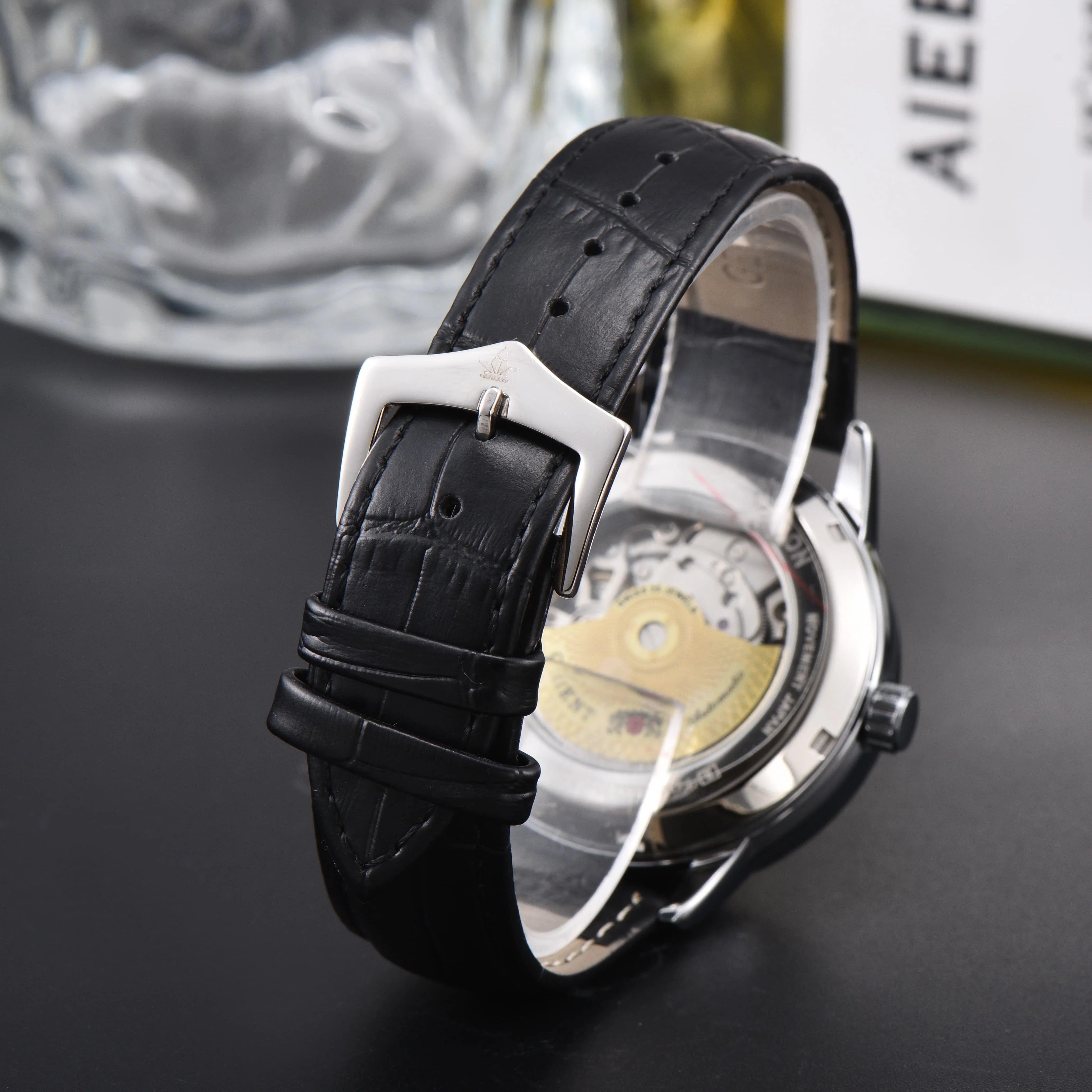 Orient Sun & Moon Semi Skeleton Automatic Watch Men's White Dial Black Leather Strap Sapphire Crystal 50M Water-Resistant Dress Watch