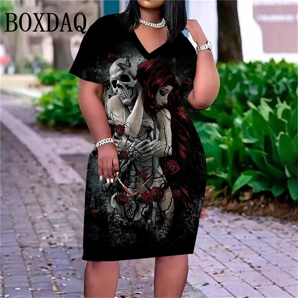 Skull 3D Print Short Sleeve Dresses For Women 2025 Summer Fashion V-Neck Plus Size Loose Dress 6XL Women's Clothing