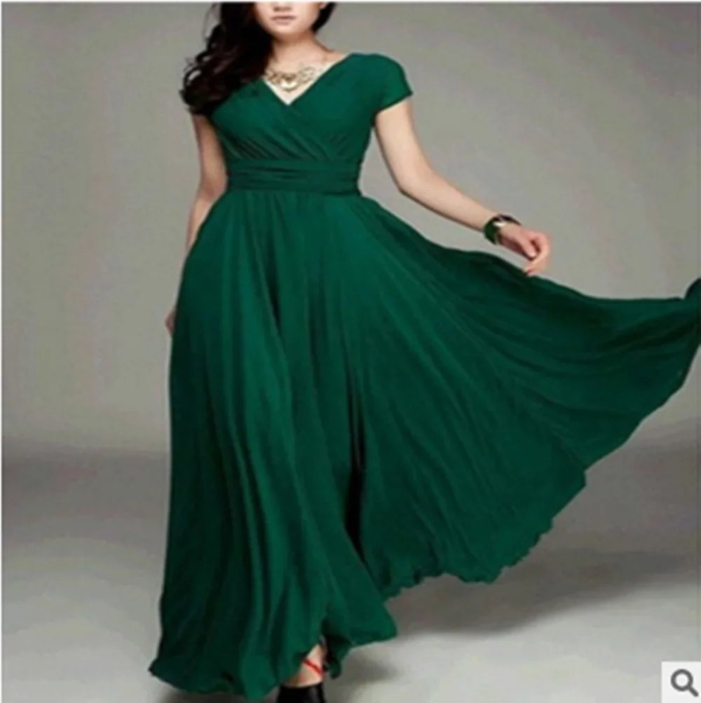 2026 Women's V Neck Short Sleeve Evening Party Dress Temperament Solid Colour Long Cocktail Chiffon High Waist Summer Dresses