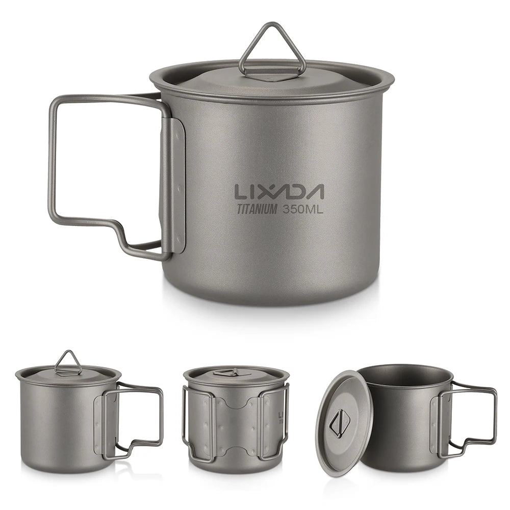 Taza de agua ultraligera de titanio Lixada con asa plegable, portátil para exteriores, camping, picnic, 300 ml/350 ml/550 ml/650 ml