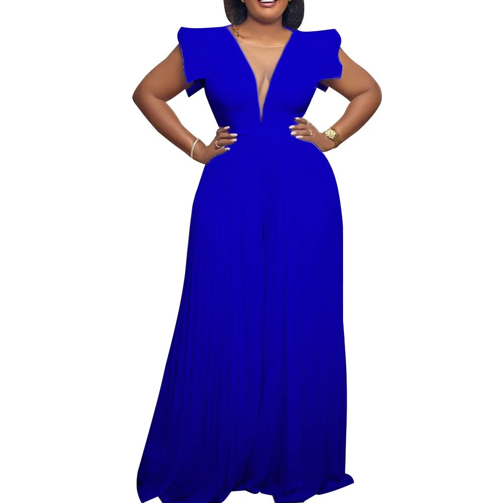 Elegant Pleated Jumpsuits & Rompers for Women V Neck Ruffles High Waisted Loose Floor Length Luxury Female Birthday Party Romper