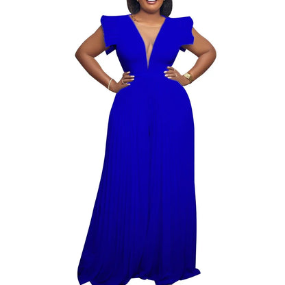 Elegant Pleated Jumpsuits & Rompers for Women V Neck Ruffles High Waisted Loose Floor Length Luxury Female Birthday Party Romper