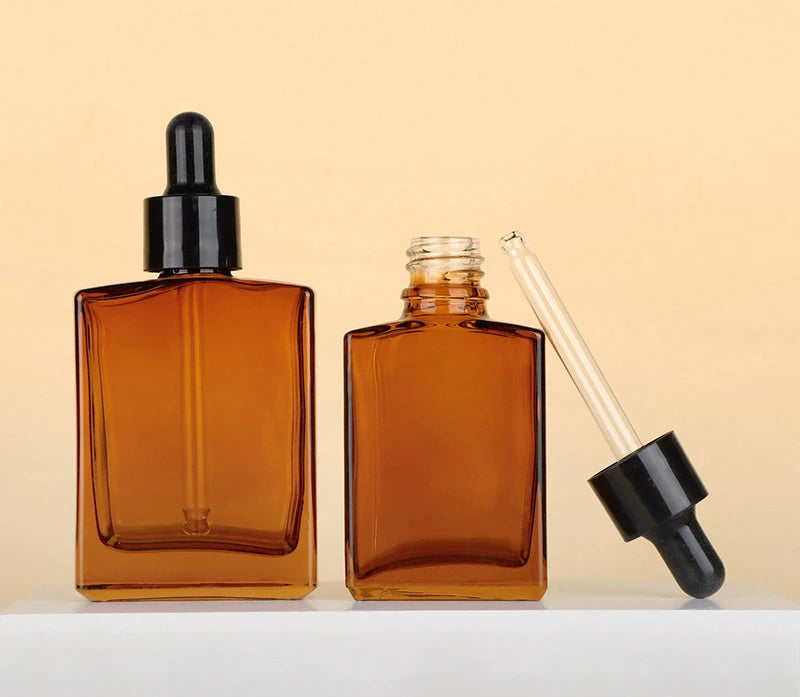 100ml ‌Amber Flat-Shoulder Rectangular Essential Oil Dropper Bottle – 100ml Refillable Glass Container Cosmetic Containers