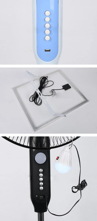 Solar Powered Floor Fan10 - 12H Runtime3 Speed Adjustable Portable Floor Fan for Home Blackout Emergency USB Port & Night Light