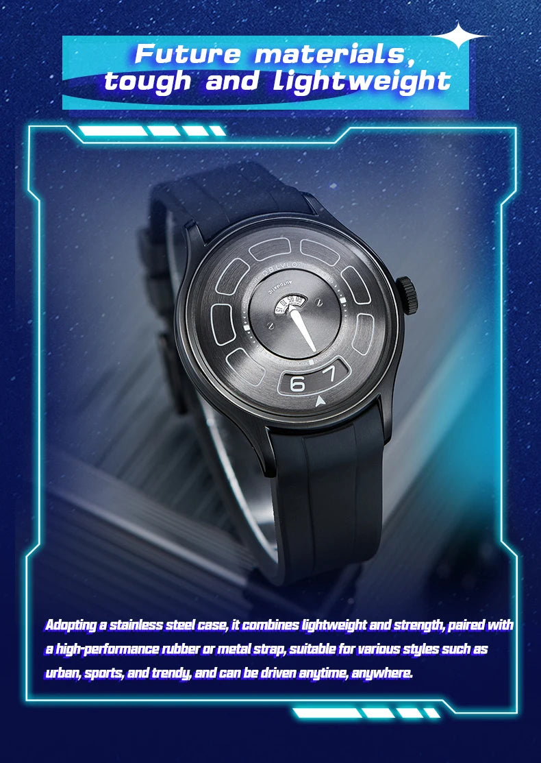 OBLVLO BLM-UFO Unique UFO-Shaped Automatic Watch with Luminous Silicone Strap And Steel Bracelet Waterproof Mechanical Timepiece