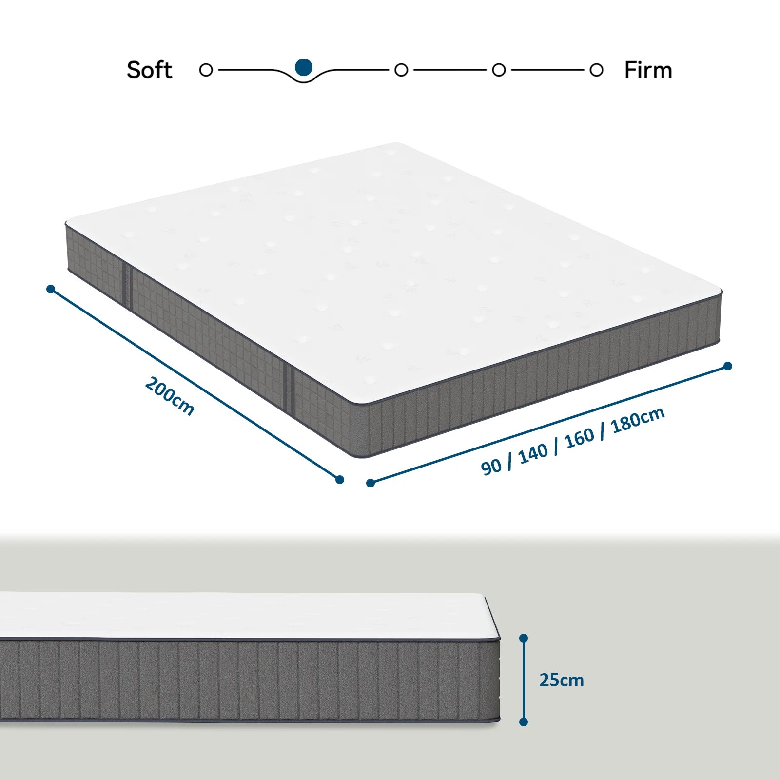 Pocket spring core mattress 180 × 200 × 25cm H3 - 7 zones with diatom foam & orthopedic support