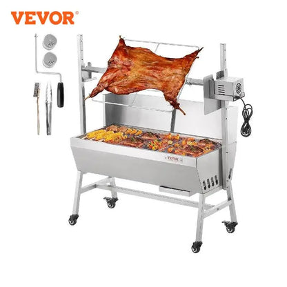 VEVOR 35inch Rotisserie Grill Electric Motor Charcoal Spit Grill Stainless Steel Roaster w/Lockable Wheels for Camping Outdoor