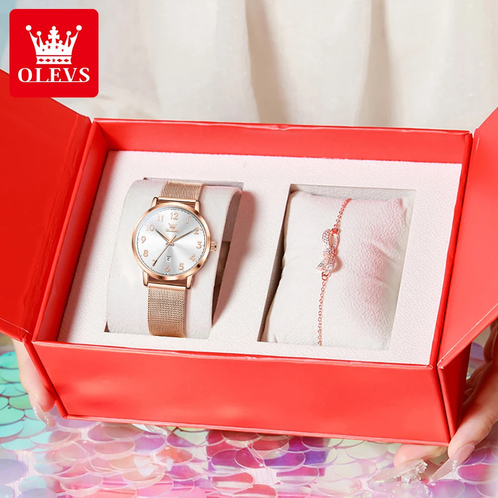 OLEVS 5653 Woman Watches Elegant Original Quartz Watch Waterproof Arabic Numerals Mesh Belt Date Ladies Watch Set Bracelet Watch