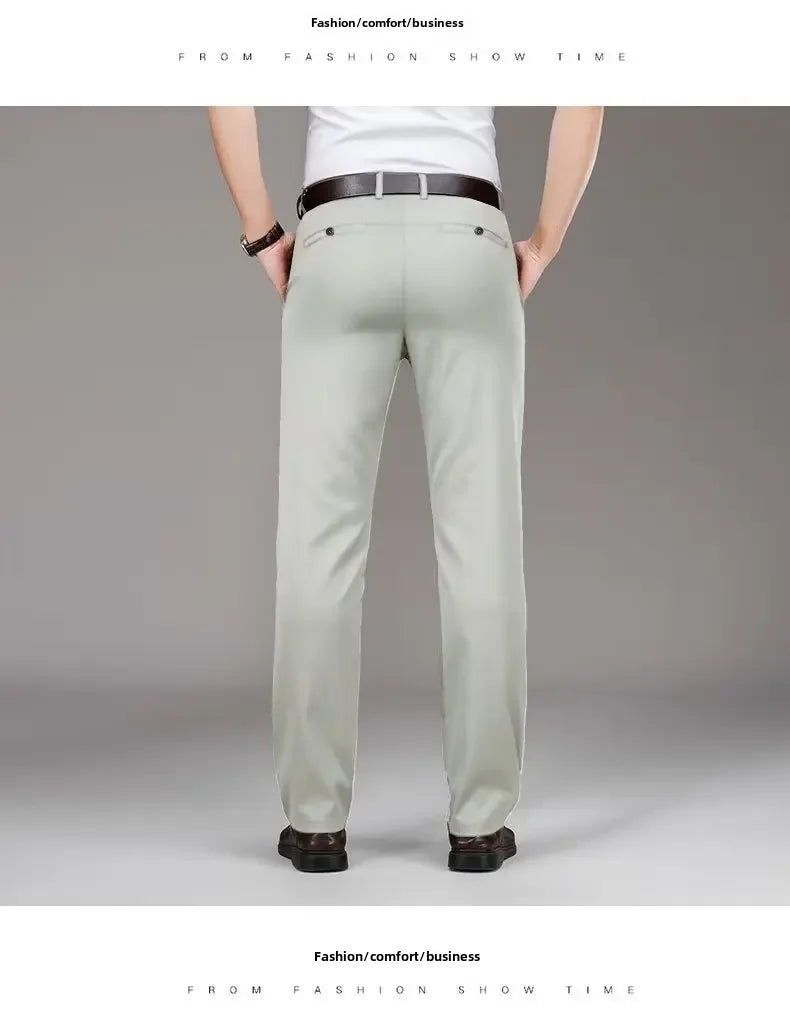 Pantalones casuales de seda helada para hombre, de negocios, formales, de verano, finos, rectos y holgados, para hombres de mediana edad.