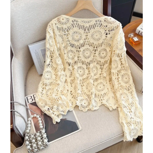 Casual Long Sleeve Elegant cardigan Beading O-neck Chic Vintage Hook Flower Hollow Out Top Plus Size Clothing