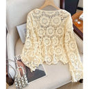 Casual Long Sleeve Elegant cardigan Beading O-neck Chic Vintage Hook Flower Hollow Out Top Plus Size Clothing