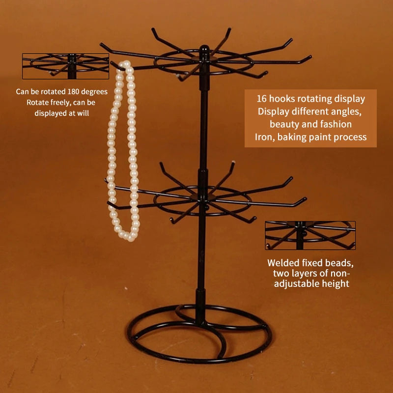 Rotating Jewelry Display Stand 2 Tier Round Metal Necklace Organizer For Hanging Earrings Rings Bracelets Watches Accessories