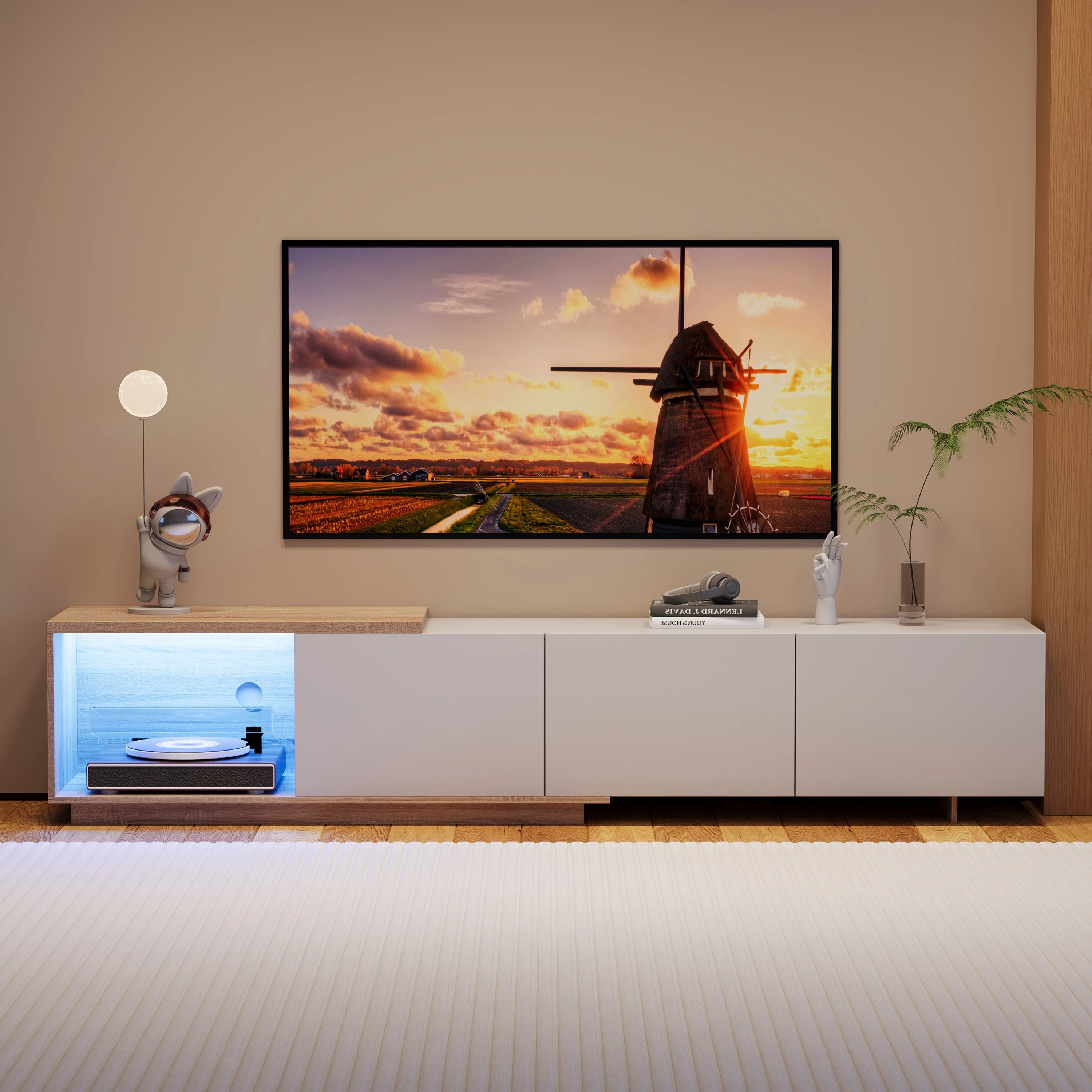 Comanlai 240cm Modern TV Cabinet with LED Lights  Living Room TV Cabinet with 3 Drawers and Open Storageextendable TV Stands