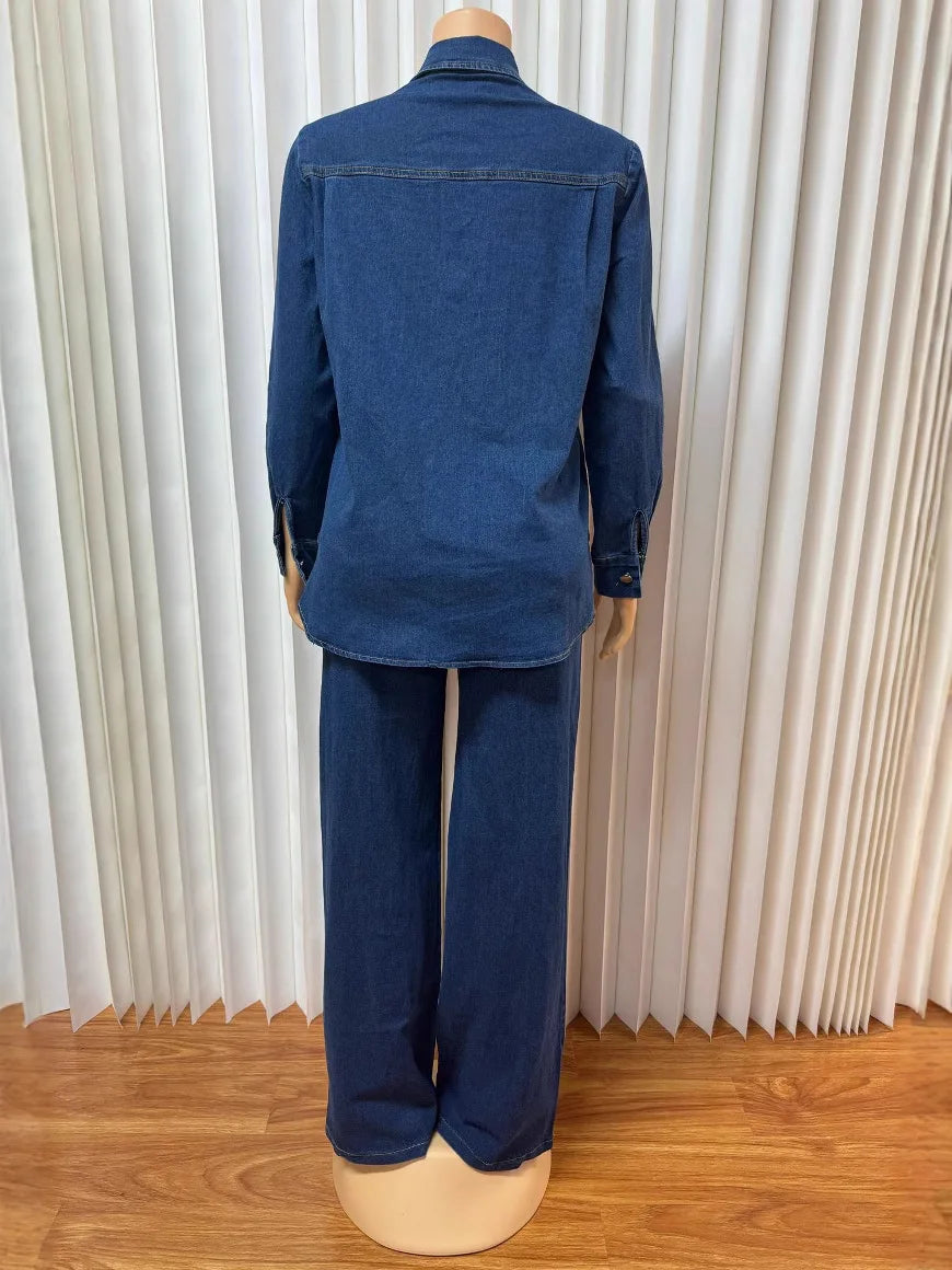 Jeans 2 Piece Sets Women Denim Shirt Coat Straight Pants Suit Streetwear Spring 2026 Washed Top Overshirt Trousers Outfits