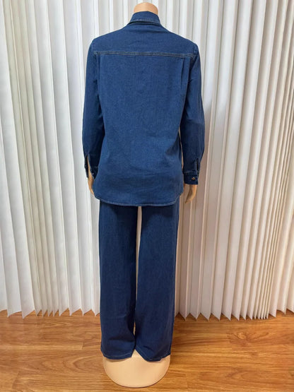 Jeans 2 Piece Sets Women Denim Shirt Coat Straight Pants Suit Streetwear Spring 2026 Washed Top Overshirt Trousers Outfits