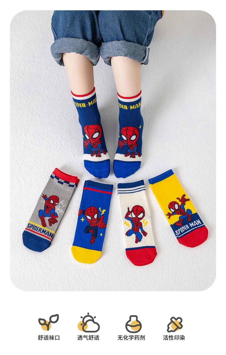 5 Pairs Marvel Kids Socks Spider-Man Kawaii New Fall Winter Cartoon Boy Children Mid-calf Socks Cotton Sock for Boys Gifts
