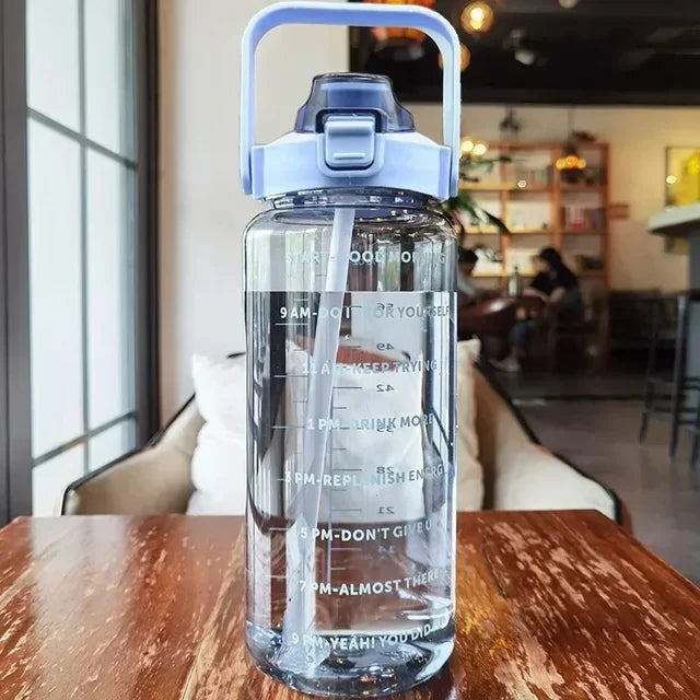 Portable Water Bottle with Time Marker, Large Capacity, Plastic Straw, Water Cup, Drink Bottle, Outdoor Sports, Fitness, 2L 