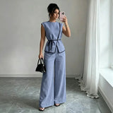 Women's Summer Tie-waist Wide-leg Pants Set Sleeveless Wrap Blazer Top Loose Straight-leg Pants Two-piece Set Comfortable Outfit