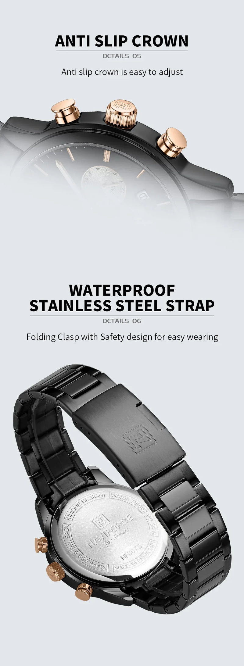 NAVIFORCE NF8076 Sports Watches for Men Stainless Strap Quartz 3ATM Waterproof Shockproof New Fashionable Clock