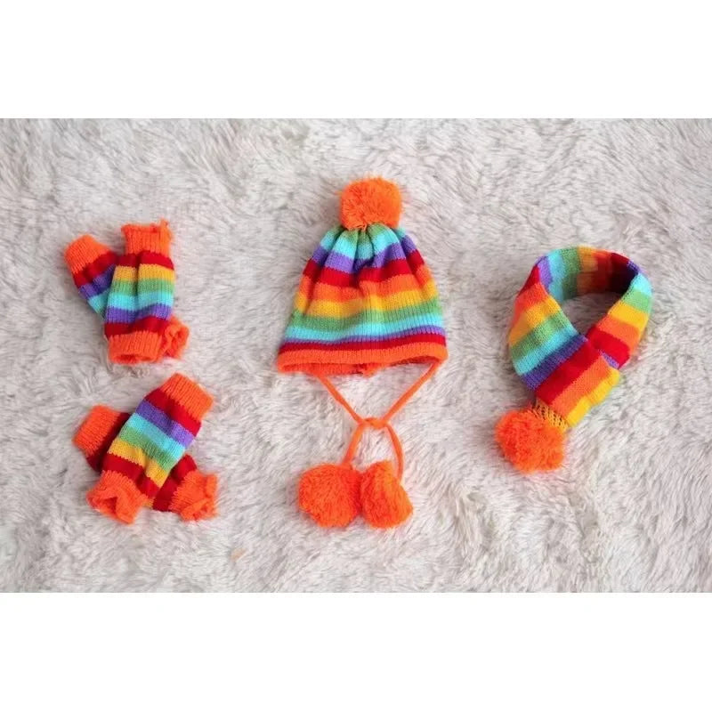 Dog Winter Wear 1 Set(hat+scarf+leg Warmers) Rainbow Stripe Knitted Dog Scarf Winter Warm Hat Footwear Sloves Pet Clothes