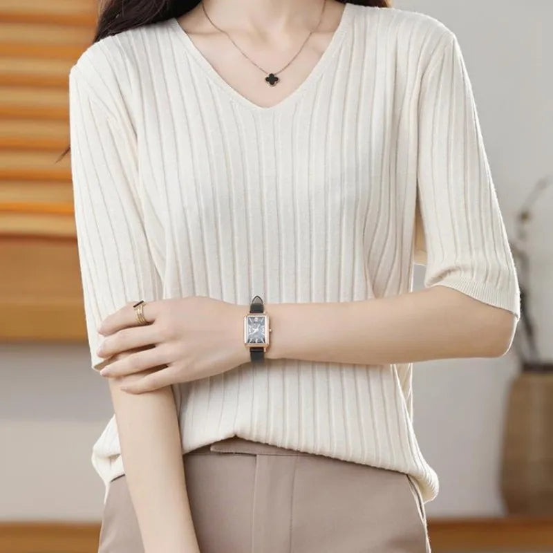 2023 New Spring Summer New Women's V-neck Short-Sleeved Exquisite Cashmere Knitted Sweater Pullover Solid Color