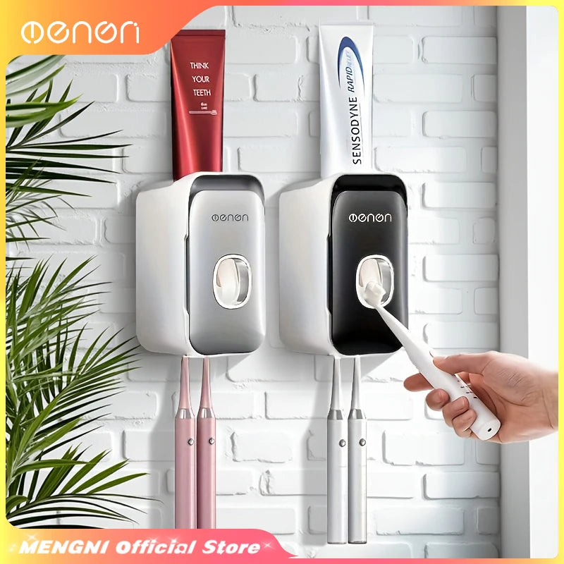 Dispensador de Pasta de Dente MENGNI – Suporte de Parede para Banheiro com Espremedor de Pasta e Porta-Escovas (Instalação sem Furos / Operação Manual)