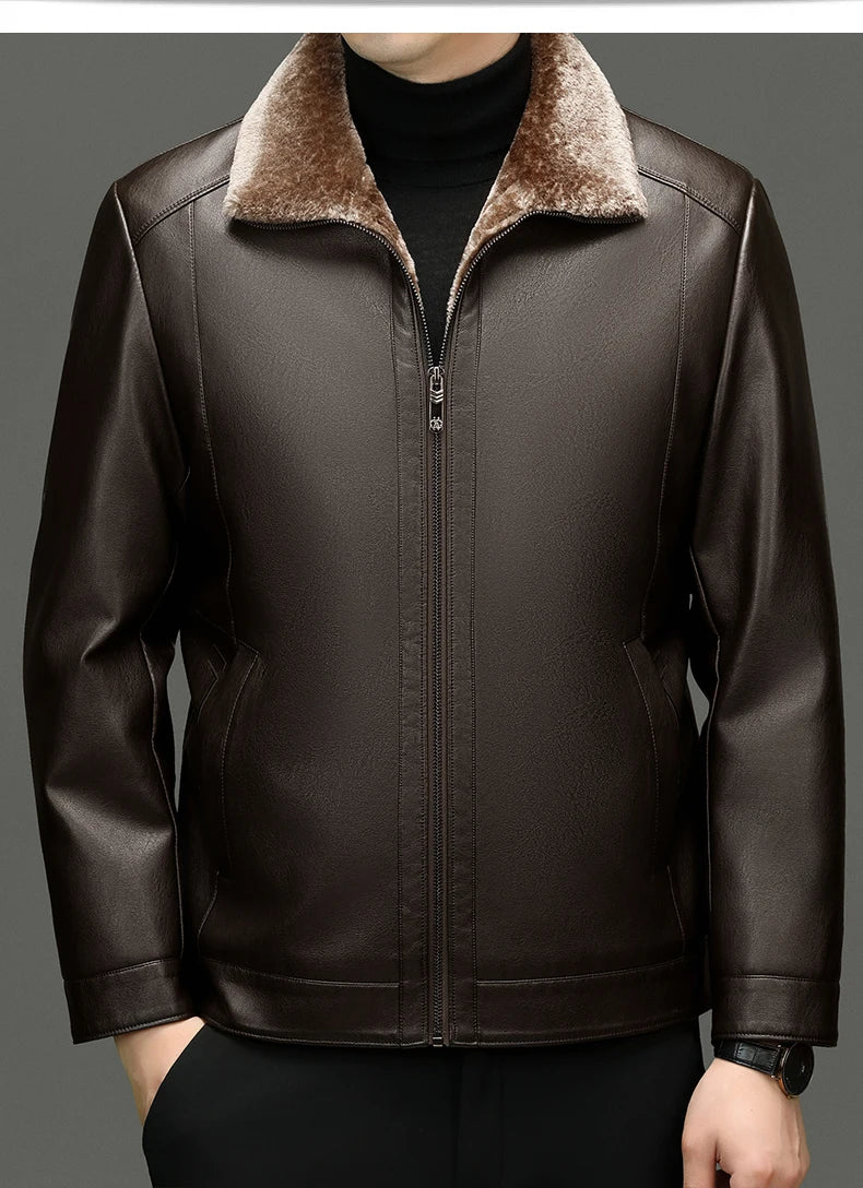 YN-2365 Autumn/Winter Men's Natural Leather Jacket Thickened Fur Integrated Business Casual Top Black Coffee Middle Aged Youth