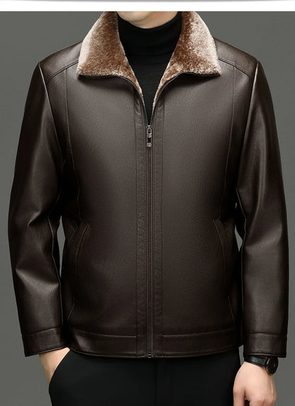 YN-2365 Autumn/Winter Men's Natural Leather Jacket Thickened Fur Integrated Business Casual Top Black Coffee Middle Aged Youth