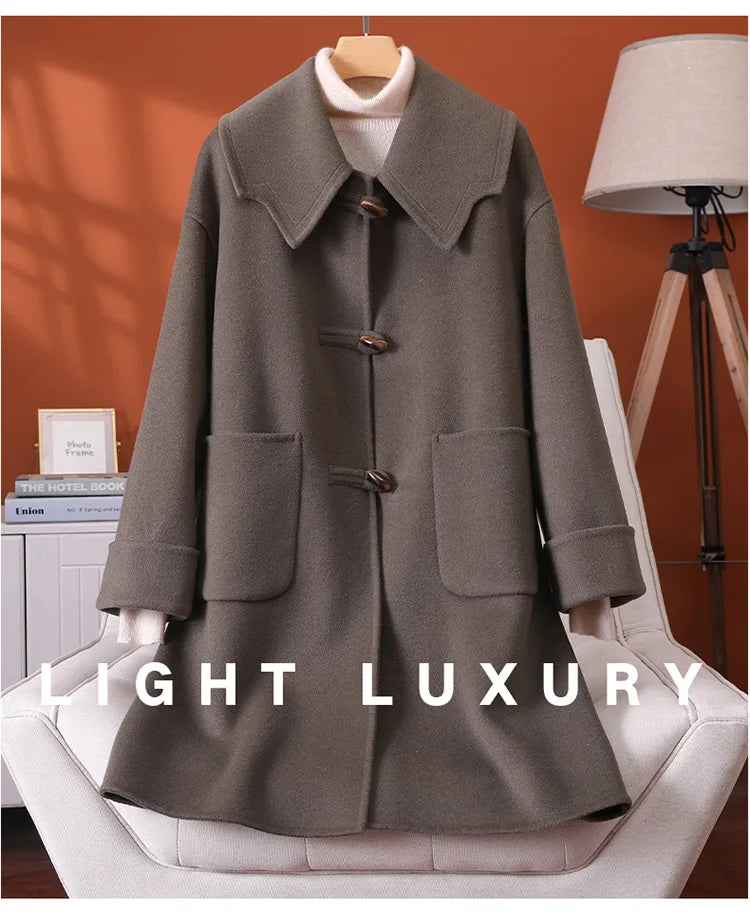 2025 Fashion Large Lapel Horn Button Women's Coat Autumn and Winter New Double-Sided Woolen 100%Pure Wool Warm Coat Large Pocket