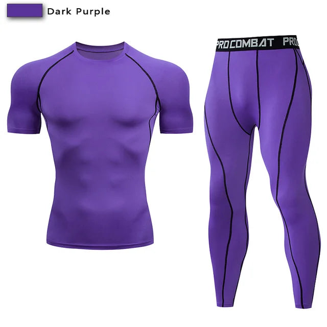 Traje deportivo de compresión para hombre, conjunto deportivo ajustado de yoga, entrenamiento en gimnasio, jogging, ropa deportiva MMA, pantalones de entrenamiento, traje deportivo (2 piezas) 