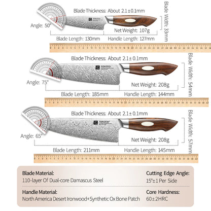XINZUO Three Pieces Set Kitchen Knives Sets 110 Layers Damascus Stainless Steel 60±2 HRC Professional Set of Knives New Tools