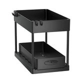 2 Tier Under Sink Organizer Sliding Cabinet Basket Organizer Storage Rack with Hooks Hanging Cup Bathroom Kitchen Organizer