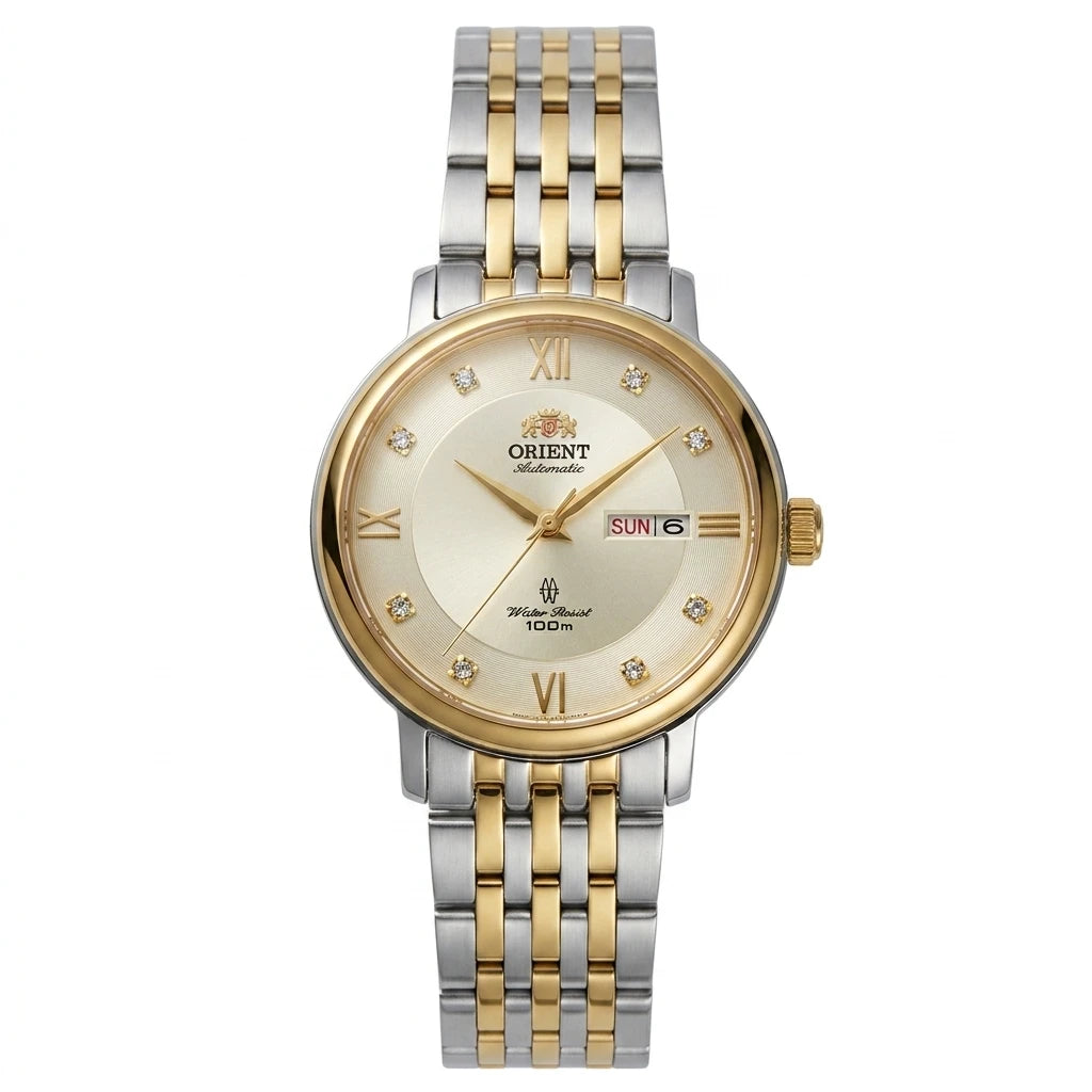 Relógio feminino automático bicolor calendário duplo em aço inoxidável