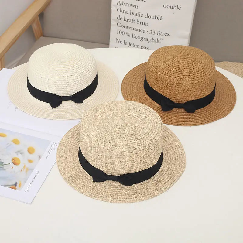 COKPanama Simple Summer Beach Sun Protection Bowknot French-Style Small Hat, Women's Casual Flat-Brimmed Straw Hat with Bow