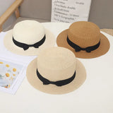 COKPanama Simple Summer Beach Sun Protection Bowknot French-Style Small Hat, Women's Casual Flat-Brimmed Straw Hat with Bow
