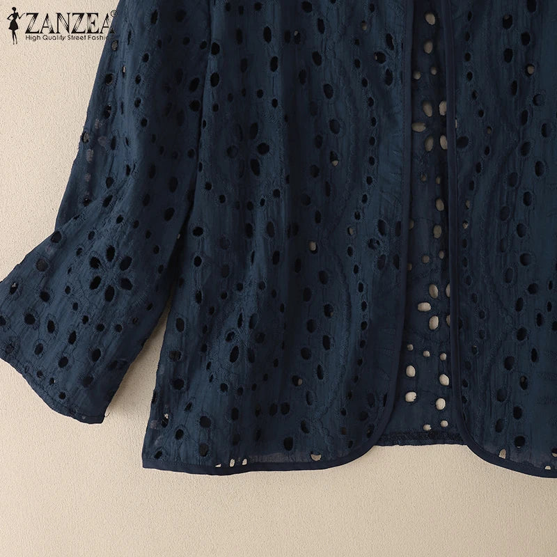 Stylish Autumn Hollow Out Cardigans ZANZEA Women Embroidered Blouse Elegant Shirts 2025 Fashion 3/4 Sleeve Kimonos Slim Fit Tops