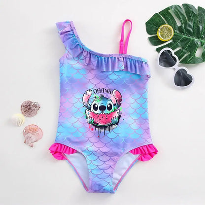Traje de baño de una pieza con estampado de escamas de sirena para niña pequeña de Lilo Stitch, traje de baño para playa