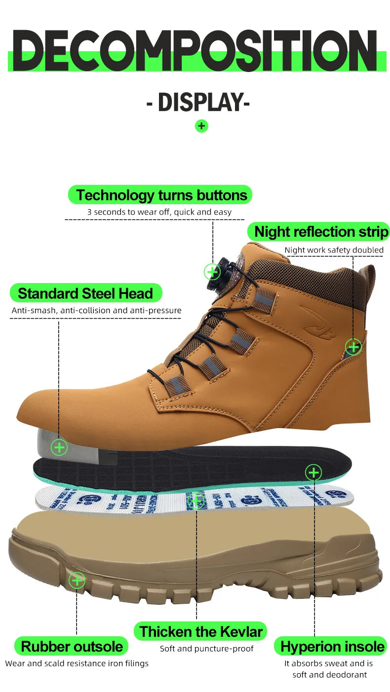 Rotating Button Work Shoes for Men Anti Puncture Work Sneakers Waterproof Work Safety Shoes Non Slip Steel Toe Tactical Boots