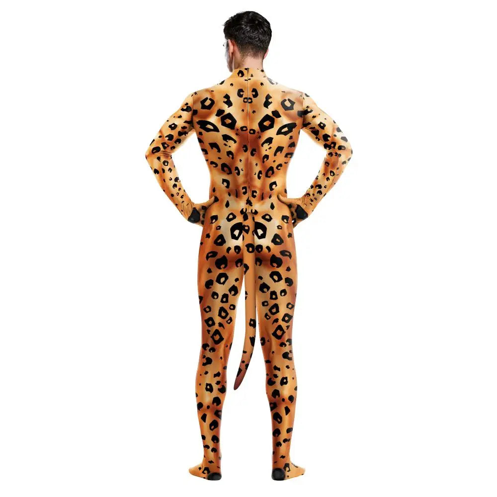 Zawaland Tiger Leopard Cheetah Petsuit for Men Animal Disguise Costume Crotch Zipper Zentai Halloween Carnival Full Bodysuits