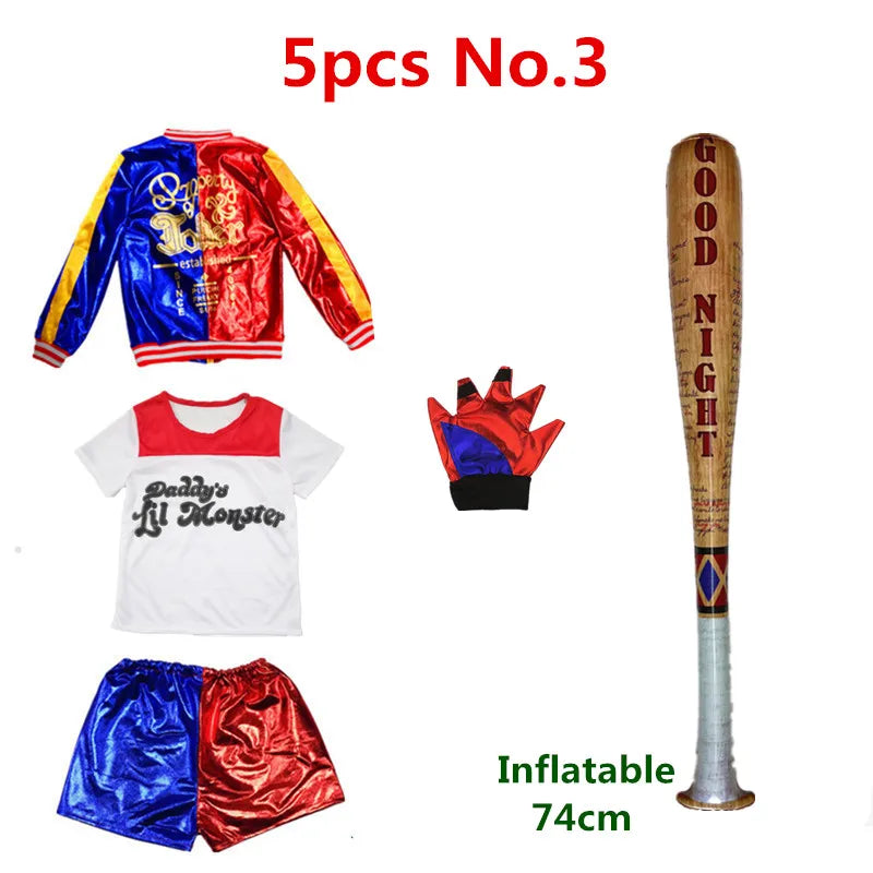 Harley Quinn Cosplay Suicide Squad Harleen Quinzel Kids Girls T-Shirt Joker Jacket Halloween Costume