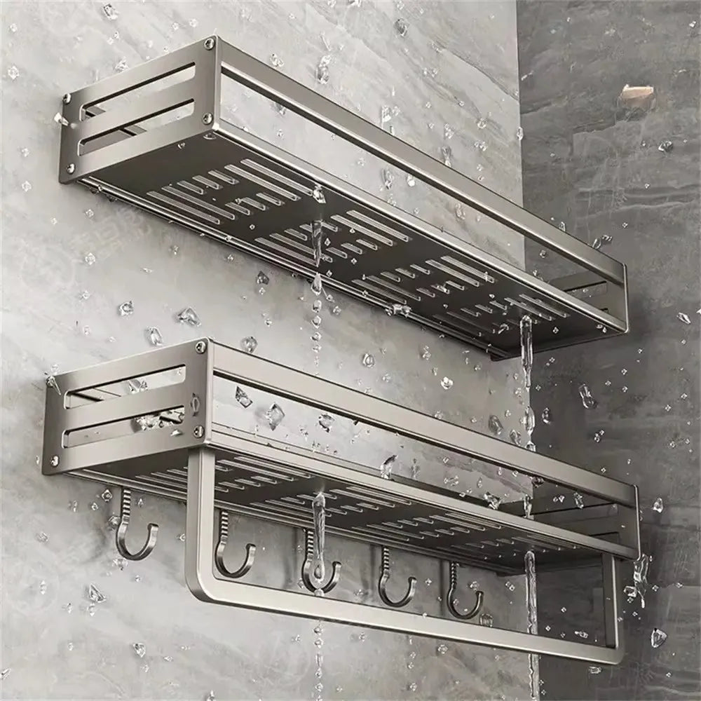 YMOLGA 1/2pcs Aluminum Wall-Mounted Spice Rack Multifunctional Item Shelf Kitchen Tools Hooks Kitchen Condiment Storage Rack